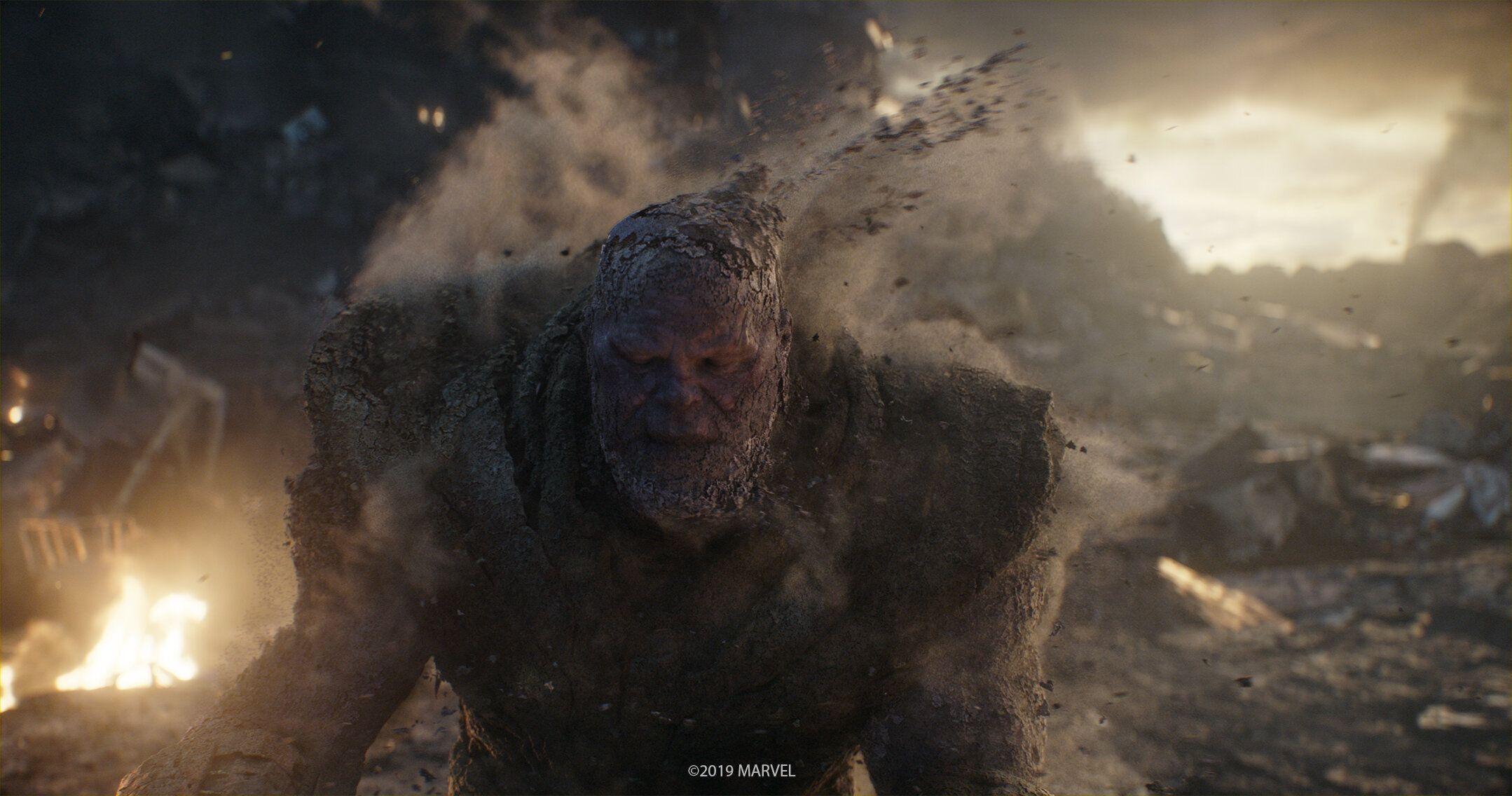 Thanos getting dusted after Iron-Man snapped the Infinity Gauntlet.