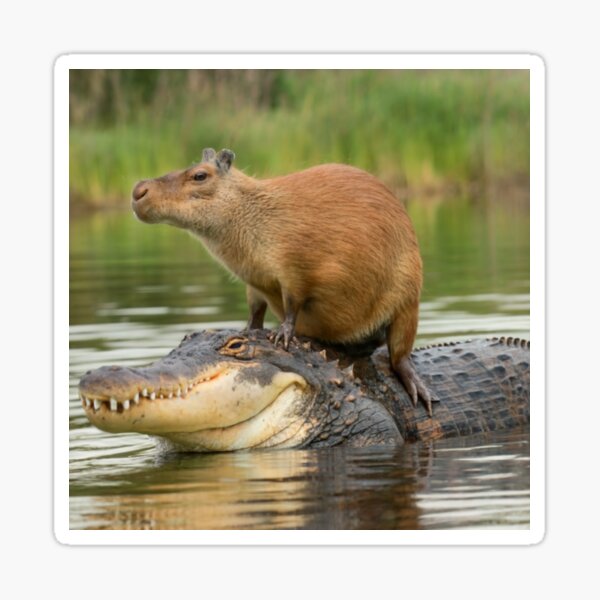 Capybara riding on a crocodile.